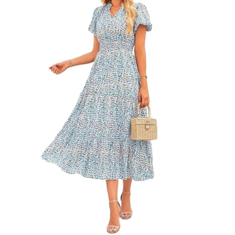 Fashion‎ Womens Summer Floral V Neck Short Sleeve High Waist Midi Beach Dress